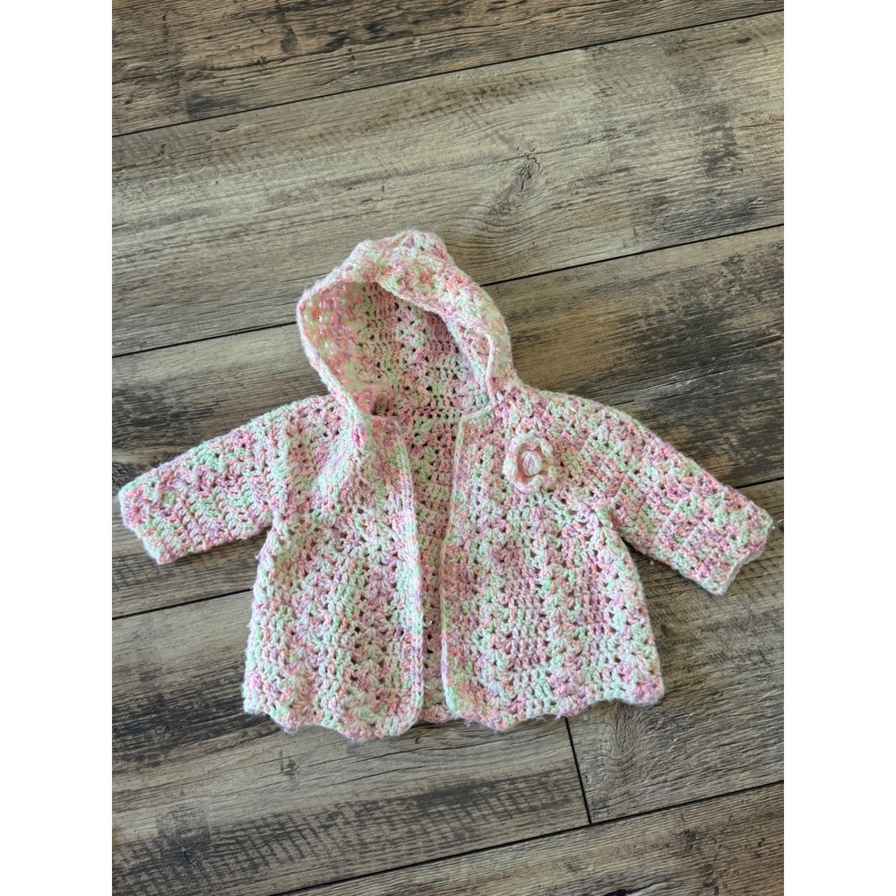 Handmade Crochet Baby Cardigan Hooded Sweater Pink Green White Variegated Floral